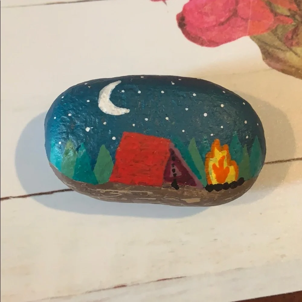 Camping with crescent moon scene Hand Painted rock HANDMADE- One of A Kind
